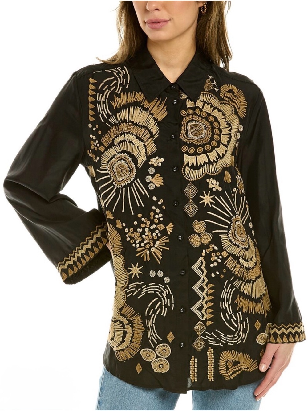 Johnny Was Black Button-Down Shirt with Gold Embroidery